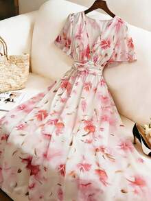 Velvienne Plus Size Blush Pink Summer Elegant Formal Tea Party Holiday Women's V-Neck Flowy Chiffon Ditsy Floral Flare Sleeve Waist Cinched Long Dress - Pink - View 3
