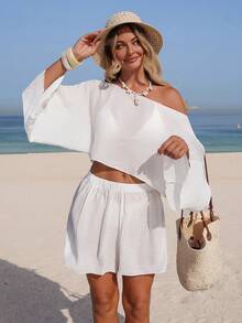Swim Lushoire Bộ đồ bơi 2 mảnh màu trắng cổ xé và quần short, kiểu dáng thanh lịch, thích hợp cho kỳ nghỉ hè 2026 dành cho nữ. - trắng - Xem 2