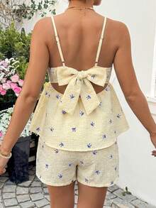 Lyckli Bộ đồ bầu 2 món gồm áo hai dây và quần short kẻ caro thêu nơ, thích hợp mặc hàng ngày. - Màu vàng - Xem 2