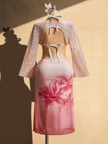 SHEIN ICON Áo thun dệt kim jacquard tay ngắn khoét lỗ - Màu be - Xem 2