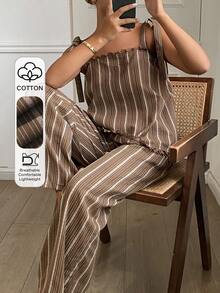 DAZY Women's Comfortable Striped Camisole & Pants Pajama Set Summer - Coffee Brown - View 1