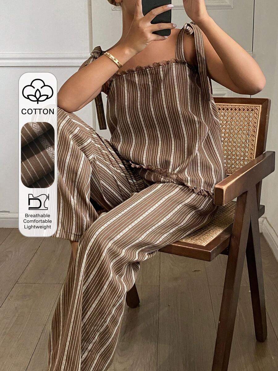 DAZY Women's Comfortable Striped Camisole & Pants Pajama Set Summer - Coffee Brown - View 1