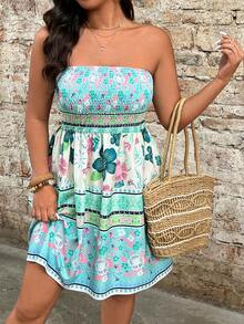 Breezaya Plus Size Women Floral Print Ruched Casual Vacation Date Tube Dress - Multicolor - View 1