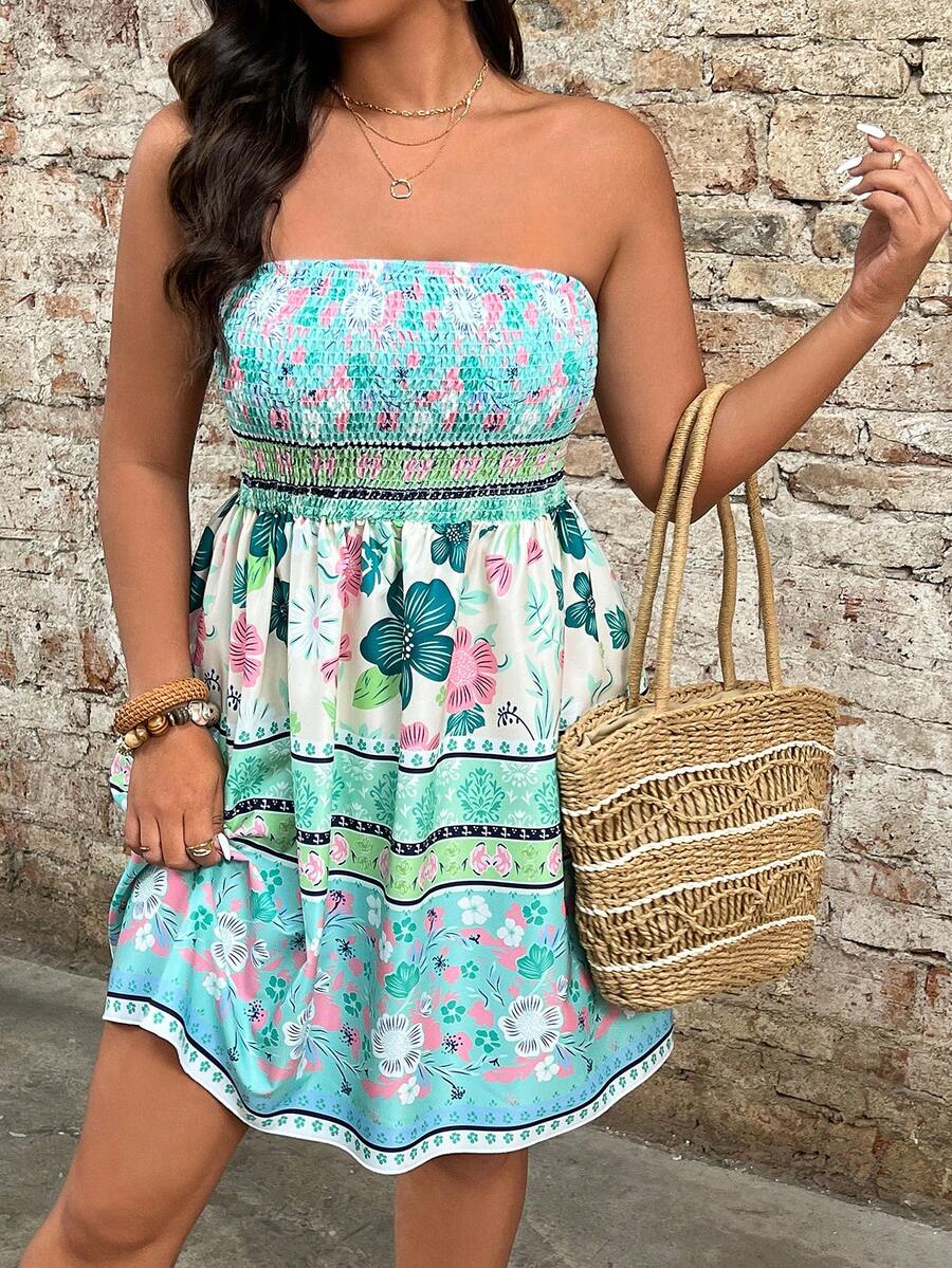 Breezaya Plus Size Women Floral Print Ruched Casual Vacation Date Tube Dress - Multicolor - View 1