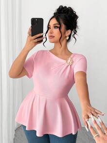 SHEIN Clasi 大码女式不对称领短袖T恤，休闲优雅户外服饰 - 粉色 - 查看 5