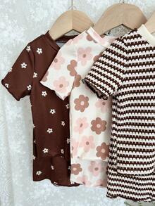 SHEIN 6pcs Baby Girl Knit Floral Striped Round Neck Casual T-Shirt And Shorts Set - Multicolor - View 4