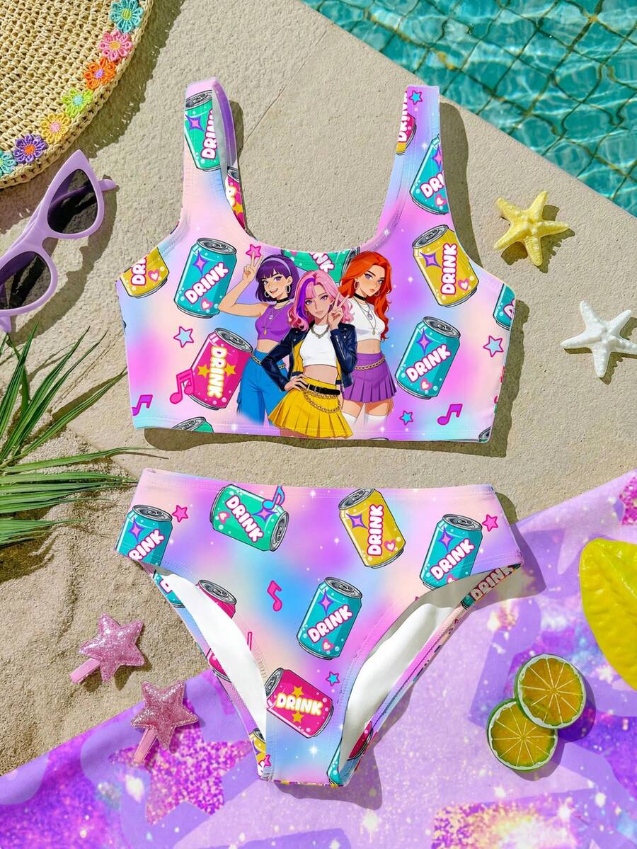 Bộ đồ bơi tankini in hình hoạt hình dành cho bé gái tuổi teen, thích hợp cho kỳ nghỉ hè ở bãi biển, đồ bơi dễ thương, tiệc bể bơi. - Nhiều màu - Xem 1