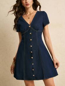 Poéselle Women's Casual Front Button V-Neck Short Sleeve Denim Mini Dress, Autumn Dress, Outfits, Navy Blue Button, Casual,Elegant Dress, Holiday Dress. Date - Black - View 3