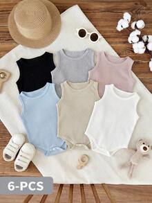 SHEIN Vintaside Kids 男婴夏季多色无袖连体衣六件套，多种颜色组合满足不同搭配需求，风格简约休闲，舒适优雅。采用华夫格面料，宽松版型。小号设计，肩部开口。下摆采用波浪形搭扣，方便穿脱。适合居家休闲、运动、幼儿活动、公园散步、聚会等各种场合。 - 彩色 - 查看 2