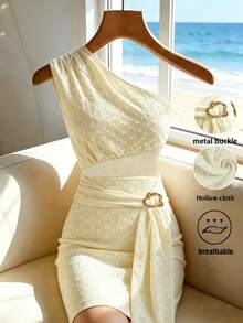 Elenzga Đầm dự tiệc, trang phục đi biển cho nữ, đầm lệch vai sành điệu với chi tiết lưới và khóa kim loại. - Màu be - Xem 1