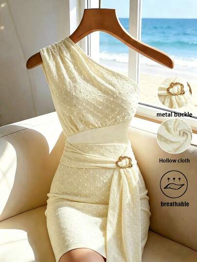 Elenzga Party Dresses Beach Outfits Forwomen Women's Stylish One-Shoulder Dress With Mesh Panel & Metal Buckle Accent