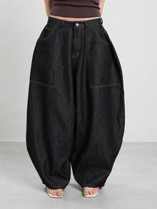 COUREZ Baggy Balloon Jeans With Contrasting Stitching Y2K Streetwear Summer Bottoms Jeans For Women Rave Everyday Going Out - Black - View 4