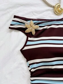Soleia Bộ jumpsuit nữ kiểu dáng thường ngày, kẻ sọc, gợi cảm, bất đối xứng vai, đính sao biển và kim loại trang trí, thích hợp cho đi biển, du thuyền, nghỉ mát thành phố, kỳ nghỉ, hẹn hò, tiệc trà chiều, lễ hội âm nhạc. - Nhiều màu - Xem 5