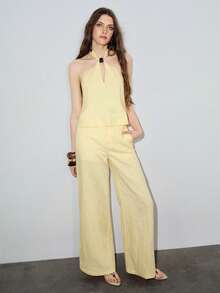 MOTF PREMIUM LINEN METAL DECOR HALTER CROP TOP, SPRING/SUMMER - Yellow - View 7