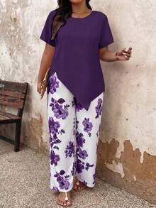 Breezaya Plus Size Solid Color Asymmetric Hem Short Sleeve Top And Floral Print Long Pants 2-Piece Set - Violet Purple - View 3