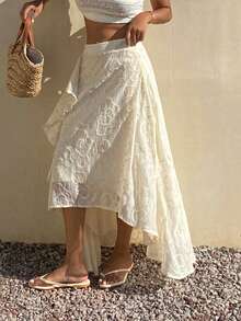 Livesso Spring Summer Graduation Beach Wedding Party White Floral Asymmetrical Lace Women's Skirt Vacation Boho - White - View 4