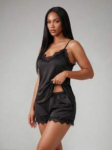 Silforma Lace Trim Satin Cami Top & Shorts PJ Set / Pajama Set - Black - View 1