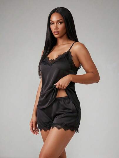 Silforma Conjunto de pijama con top de cami de satén con ribete de encaje y shorts