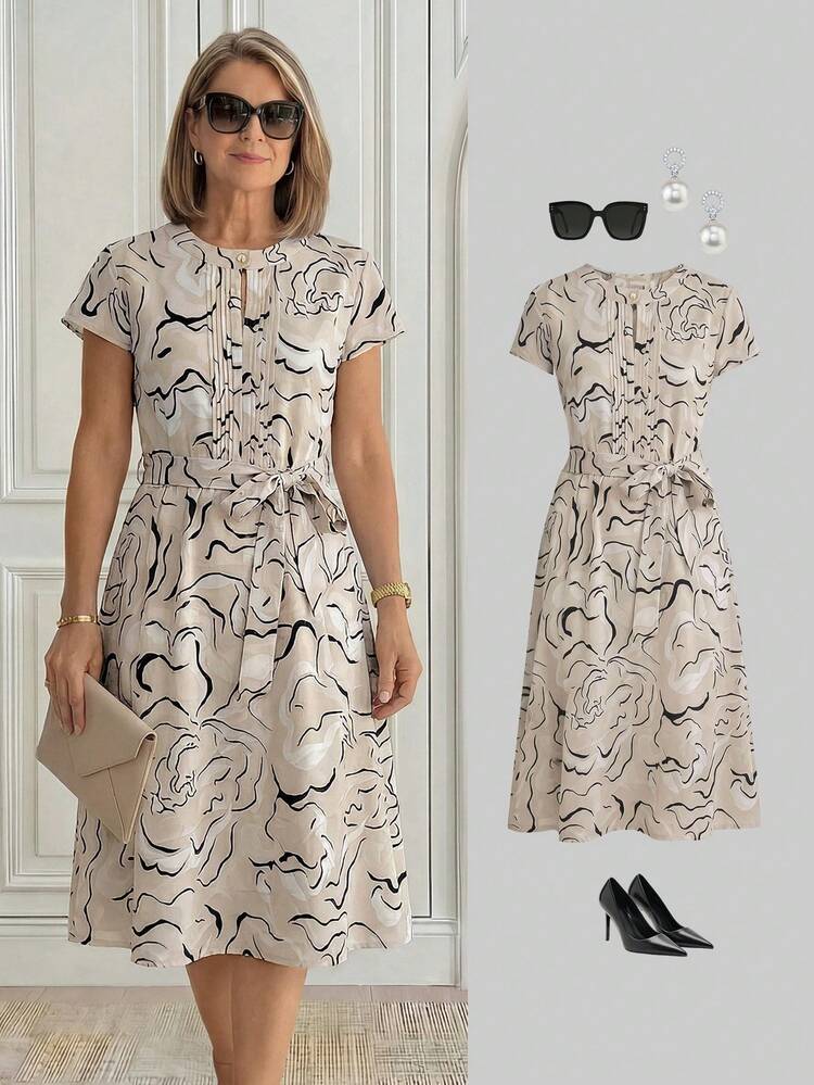 Black & White Striped Print Ruched Front Mid-Length Dress, New Spring/Summer Vacation & Party Dress For Mom