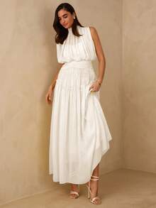 Enchnt Đầm chiffon không tay cổ tàu màu trơn, lưng xếp ly. - trắng - Xem 10