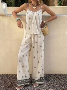 Breezaya Ensemble décontracté et élégant de 2 pièces à imprimé floral bohème pour femmes, débardeur à bretelles fines et pantalon large en mélange de lin pour les vacances, débardeur à bretelles fines et pantalon large 2 pièces pour la maison et les loisirs, ensemble Top débardeur à imprimé floral et pantalon large en mélange de lin pour le quotidien et le brunch, ensemble bohème Y2K de 2 pièces à imprimé floral, tenue d'été blanche pour les vacances - Nude - Voir 8