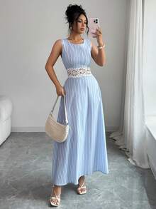 Elenzga Đầm nữ mùa hè mới, kiểu dáng thanh lịch, chất liệu cotton, phối ren tương phản, họa tiết sọc xanh dương, không tay, eo thon. - Màu xanh lam - Xem 7