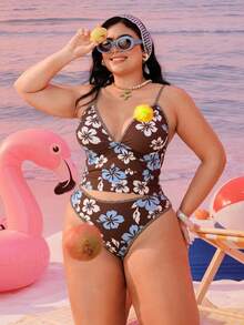 Swim Mod Bộ bikini hai mảnh in họa tiết hình học thời trang thường ngày dành cho nữ cỡ lớn năm 2026, kiểu dáng bikini tam giác cạp cao, dây đeo dày có thể điều chỉnh. - màu nâu - Xem 4