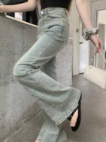 FRIFUL 女士休闲百搭喇叭牛仔裤，带口袋 - 藍色 - 查看 3