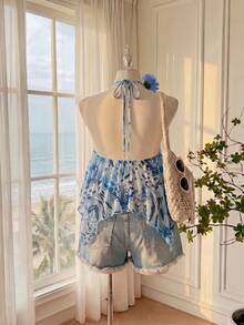 Comfortcana Plus Size Women Brown Halter Neck Tie Ruffle Hem Blouse, Spring/Summer Holiday Beach Gym Vacation Party Boho - Blue - View 2