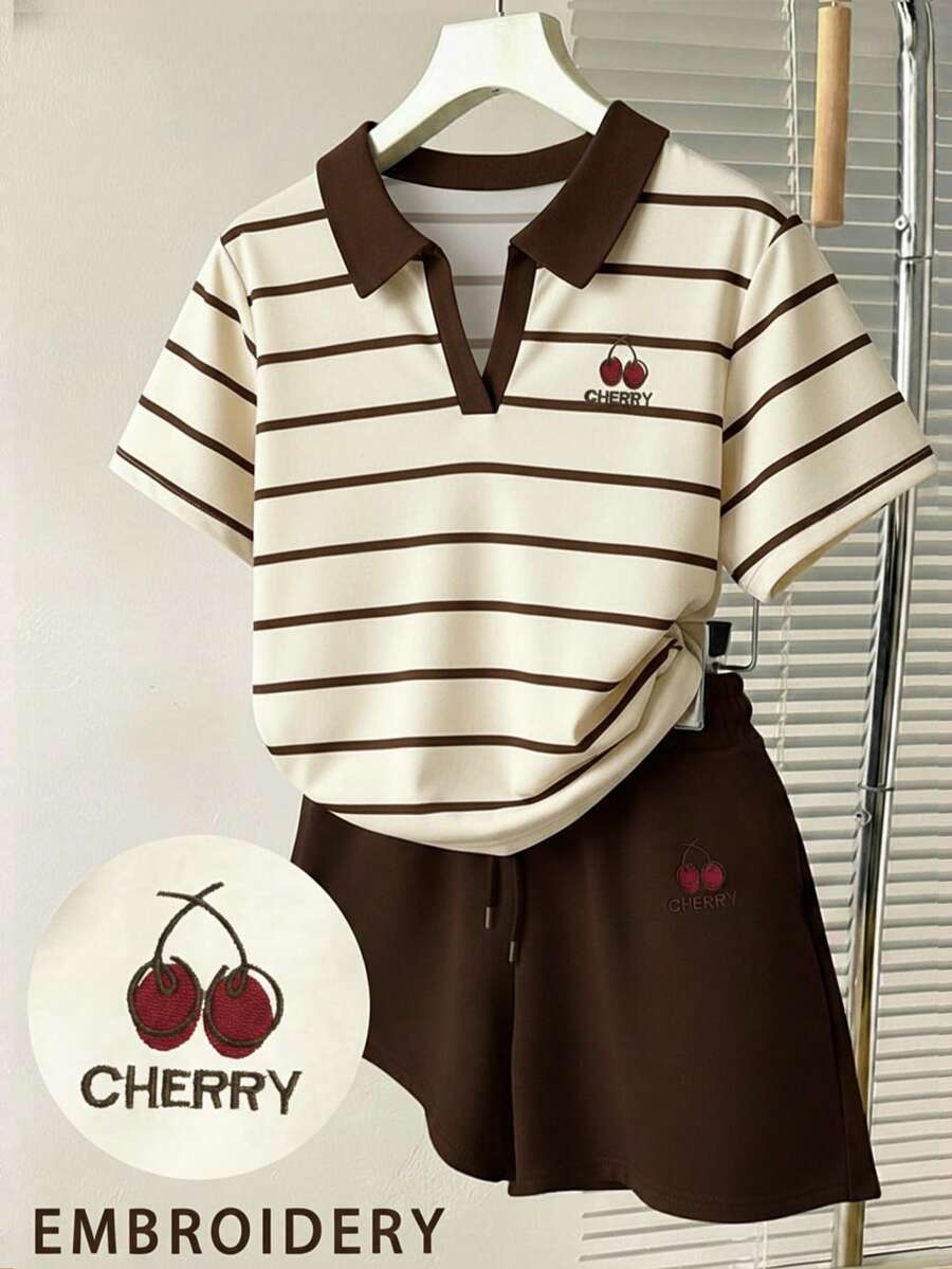 Resyla Women's Letter & Cherry Print Striped Top And Shorts Casual 2 Pieces Set - Multicolor - View 1