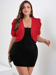 SHEIN Clasi Plus Size Fashionable Elegant White Lace Cropped Short Sleeve Cardigan Jacket,Black And Red,Wedding Guest,Spring Summer Office Outfits Work Blouses - Red - View 4