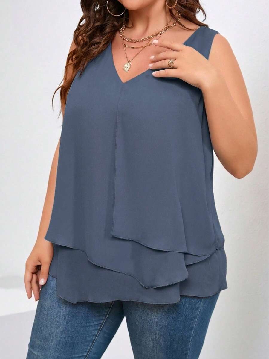 SHEIN Clasi 夏季大码休闲无袖纯色衬衫 - 霧霾藍 - 查看 1