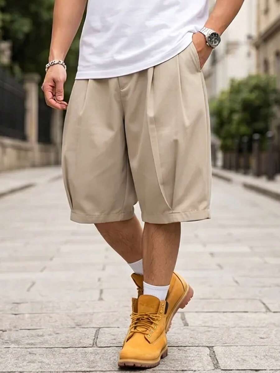 Manfinity Hypemode Men's Solid Color Pleated Casual Versatile Daily Wear Shorts - Khaki - View 1