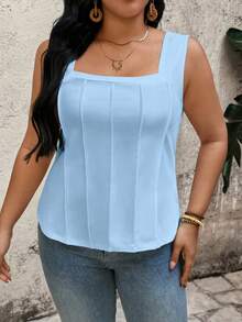 EMERY ROSE Plus Size Square Neck Tank Top, Vertical Pleats Design Flatters Figure, Loose & Comfortable Fit, Friendly Shoulder Straps - Blue - View 3