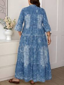 Comfylo Vestido elegante con cuello en pico y volantes en el bajo para mujer de talla grande en azul - Azul - Ver 3