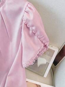 GlowEve CURVE Women's Elegant Casual Solid Color Lace Patchwork Ruffle Collar Petal Sleeve Blouse - Pink - View 5