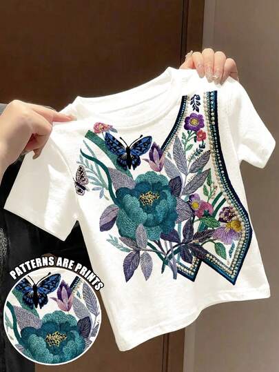Blue Pressed Flowers T-Shirt, Boho Wildflowers Shirt, Butterfly, Plant Graphic Tee, Vintage Botanical Top, Garden Lover Gift, Chill Chill, Baby & Kids Graphic Tees, Baby Girls Casual Short Sleeve Tops, Cute Summer Outfits For Outing, Summer Kids Items, Summer Outing Items, Korean Style, Easy Comfort, Stylish Kids, Y2K, Kawaii, Party, Everyday, Vacation, Cute, Comfy, Summer 2026, Cottagecore, Weekend Casual, Family Outing, Photoshoot Outfits