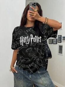 HARRY POTTER X SHEIN Women's Fashion Letter Print Round Neck Short Sleeve T-Shirt, Back-To-School Everyday Daytime Black And White Summer Streetwear Casual - White - View 6