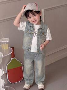 2 piezas Conjunto de chaleco sin mangas de mezclilla azul retro y pantalones holgados para niños pequeños - Lavado ligero - Ver 3