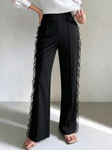 FRIFUL Women's Casual Vacation Solid Color Lace Trim Loose Wide Leg Pants - Black - View 3