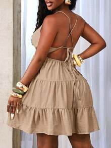 BamGleam Solid Color Tie-Up Backless Halter Layered Dress - Khaki - View 2