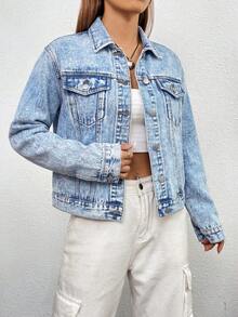 SHEIN EZwear 女士纯色前扣口袋休闲长袖牛仔外套 - 淺色水洗藍 - 查看 5