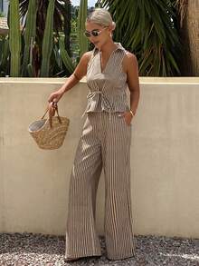 DAZY Bộ đồ denim thường ngày dành cho nữ, gồm áo cổ chữ V kẻ sọc buộc dây và quần dài. - màu nâu - Xem 4