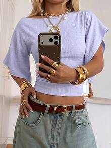 SHEIN EZwear Kaos Rajut Lavender Model Asimetris dengan Leher Pas Badan untuk Wanita, Atasan Musim Panas - Mauve Purple - View 6