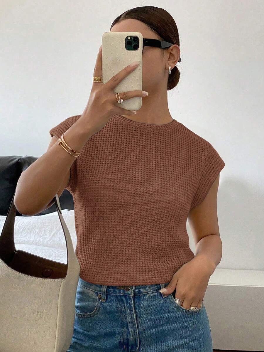 Siren Gaze Casual Solid Color Round Neck T-Shirt, Versatile For Summer,Summer Top - Chocolate Brown - View 1
