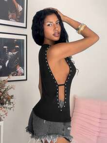 Jeanoix Camiseta ajustada decorada con cuentas sexy para el verano - Negro - Ver 4