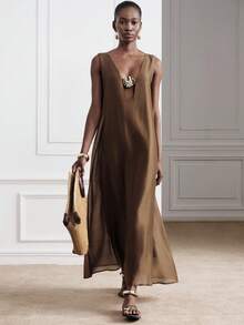 Aveloria Modichic Women's Solid Color Metal Decor Casual Party Long Dress - Coffee Brown - View 4