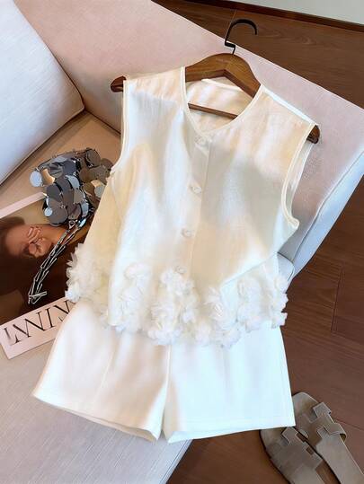 SHEIN Franclia Women's Casual Button Embroidered Shirt And Shorts Set, Sleeveless, Summer