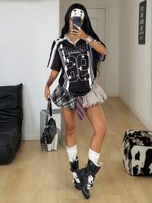 Coolane 女士夏季节日复古街头运动服号码印花超大棒球衫T恤 - 黑色 - 查看 4