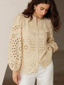 Nueva llegada Otoño Estilo francés Casual Blusa de manga larga con bordado, pliegues y calados en la parte delantera - Beis - Ver 3